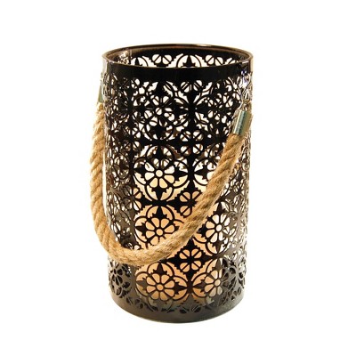 LumaBase Metal Lantern with Battery-Operated Candle - Black Jacquard