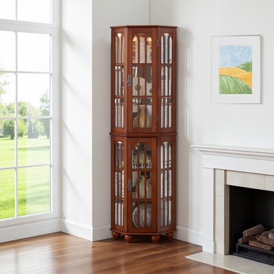 Wooakway 70"H White Corner Curio Cabinet with 4 Adjustable Glass Shelves Lighting System and Solid Wood Legs