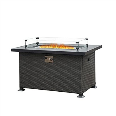 Syemin Outdoor Fireplaces with Glass Wind Guard, with Aluminum Rust-Proof Tabletop, for Patio, Gray, 43.31"*26.97"*24.41"