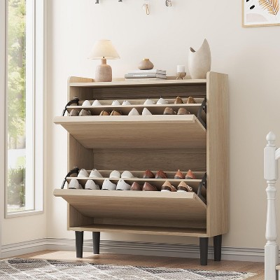 Wooden Shoe Cabinet with 2 Flip Drawers and Adjustable Shelf, Shoe Storage for Entryway, Hidden Shoe Cabinet for Hallway, Living Room, Natural