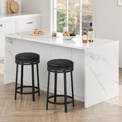 24" Swivel Bar Stool w/ Footrest, Modern Counter Height PU Leather Stool, Metal Frame Backless Round Stool for Kitchen Island
