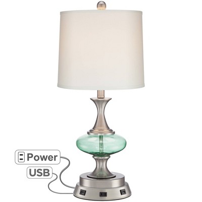 360 Lighting Reiner Modern Accent Table Lamp 23" High Brushed Nickel Blue Green Glass with USB Workstation Base Off White Drum Shade for Living Room