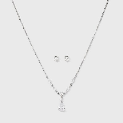 Silver Plated Cubic Zirconia Pear Pendant Necklace and Stud Earring Set 2pc - Silver: Brass, Nickel-Free, Gift Box