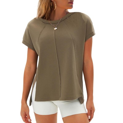 EXLURA Womens Summer Oversized Tops Short Sleeve Crewneck Waffle Shirts Casual Blouses