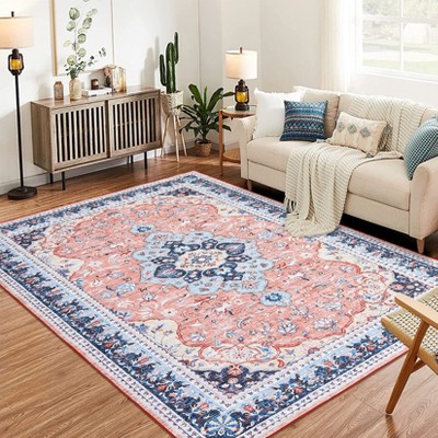 8x10 Pink Floral Washable Rug, Non-Slip Low Pile Vintage Farmhouse Carpet for Living Room, Bedroom