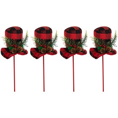 Northlight Set of 4 Red and Black Plaid Plush Winter Hat Christmas Picks 15"
