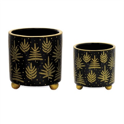 HomeRoots Set of Two Black And Gold Ceramic Pot Planters