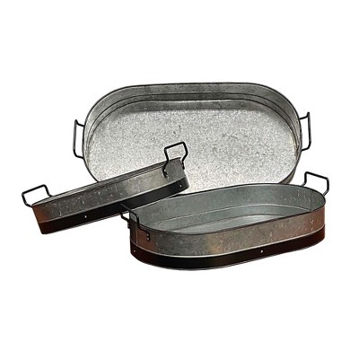 Essential Decor & Beyond 3-Piece Set Galvanized Steel Modern Industrial Oval Tray with Black Lining and Metal Handle