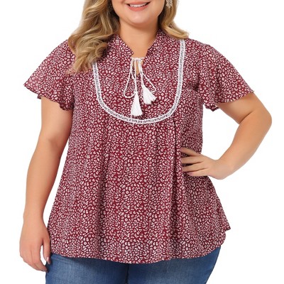 Agnes Orinda Women's Plus Size Bib Peasant Ditsy Floral Tie Neck Keyhole Chiffon Blouse