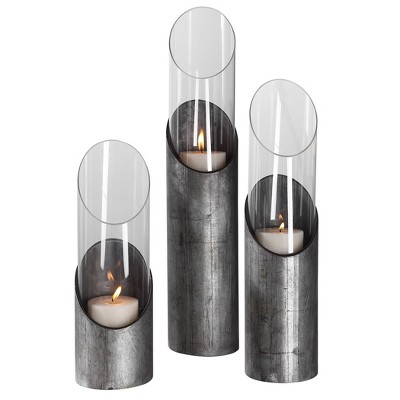 Uttermost Karter Candleholders Set of 3 – Iron Frames with Clear Glass Cylinders and Beige Candles