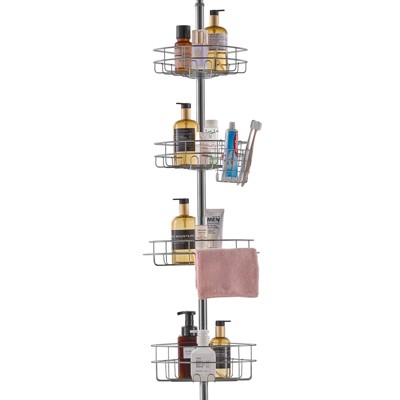 VEVOR Shower Corner Caddy Tension Pole, 56" to 114" High, Multi-Functional Shower Tension Pole with Strong Load-Bearing Tray, Silver