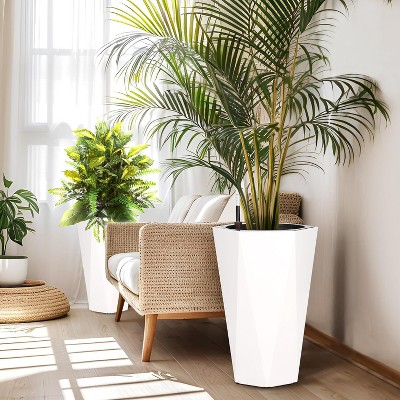 Acekool Set of 2 Self-Watering 16" Tall Planters with Wheels, Water Level Monitor, Large Indoor Outdoor Flower Pots, Drainage, Black