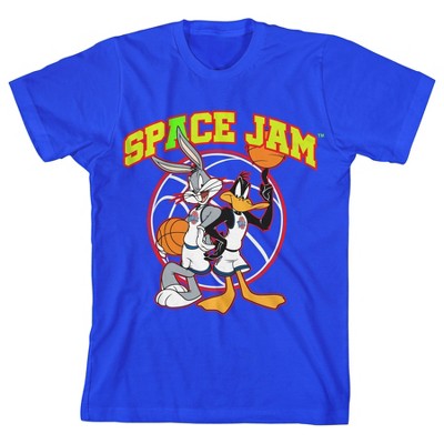 Bioworld Space Jam 1996 Collegiate Text With Bugs Bunny and Daffy Duck Youth Royal Blue Graphic Tee