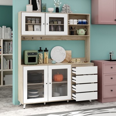 FUFU&GAGA 63"W Wooden Buffet Sideboard with Drawer Hooks and Open Shelf Worktop