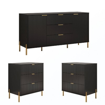 Festivo 3pc Modern Elegance 3 Drawer Nightstands and 3 Drawer Dresser Set Black