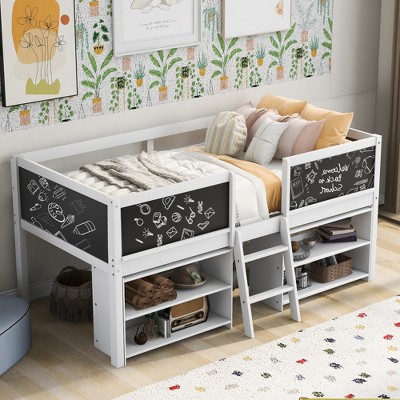 Twin Size Low Loft Bed with Two Movable Shelves and Ladder