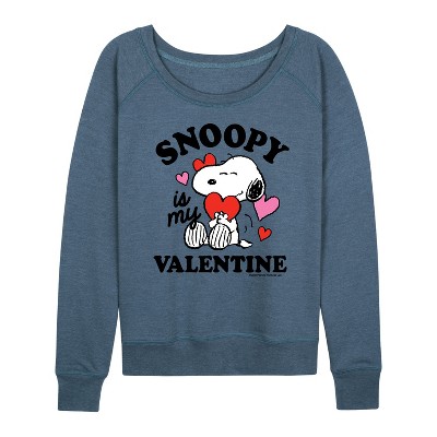 Women's - Peanuts - Snoopy My Valentine Lightweight French Terry Wide Neck Long Sleeve Graphic Shirt