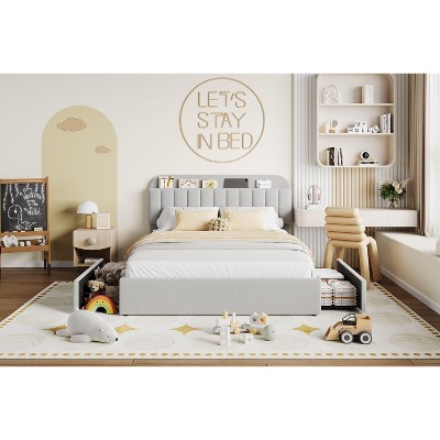 Queen Size Kids Bed Frame for Boys, Boucle Upholstered Platform Bed with Bookcase Headboard & Storage Drawers, No Box Spring Needed, Grey