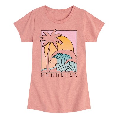 Girls' - Instant Message - Paradise Vacation Beach Scene Fitted Short Sleeve Graphic T-Shirt