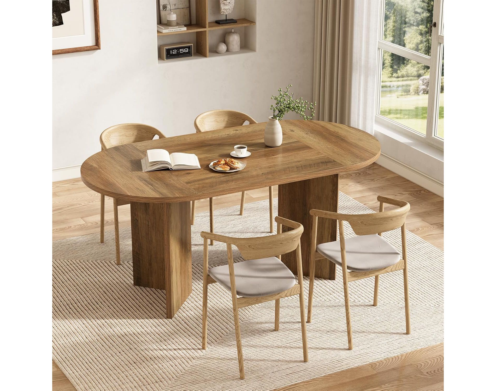 Tribesigns 63" Oval Dining Table for 4-6, Sturdy MDF Farmhouse Kitchen Table with Metal Strip Base, for Living Room, Office, Restaurant
