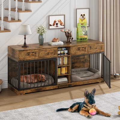 GustoWave 82" Large Dog Crate Furniture for 2 Dogs with 4 Drawers and 4 Storage Shelves, Heavy Duty Dog Kennel Indoor for Medium Large Dogs