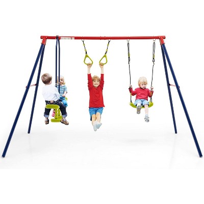 Safstar Swing Sets for Backyard, Outdoor 3 in 1 A-Frame Heavy Duty Metal Stand with Swing Seat, Glider, Trapeze Rings for Toddlers