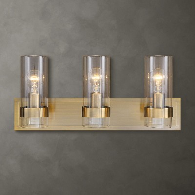 Uttermost Modern Cardiff 3 Light Vanity, 23"W x 10.125"D x 5.75"H, Antique Brass, Glass and Steel