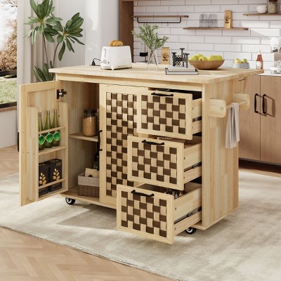PAGED Fluted Kitchen Island Rolling Kitchen Cart with Drop Leaf, Internal Storage Rack for Kitchen