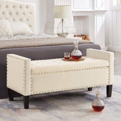Lyngins Velvet Storage Bench with Armrests, 48"L Upholstered Tufted Button Ottoman with Storage, Bed Bench with Nail Accents, Solid Wood Foot Stool