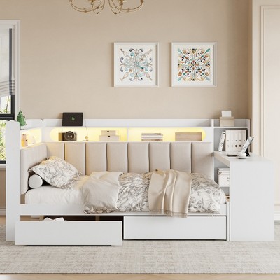 Full Size Daybed with Storage Shelves, Drawers, Charging Station, LED Light, Desk & Upholstered Headboard and Backrest - ModernLuxe