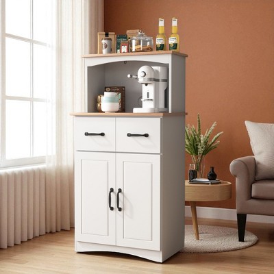 Wooden Kitchen Pantry Storage Cabinet with Microwave Stand, Drawer, Adjustable Shelf, Freestanding Kitchen Cupboard for Small Spaces
