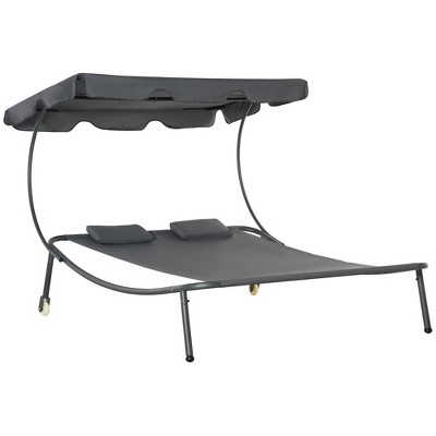 Outsunny Patio Double Chaise Lounge Chair, Outdoor Wheeled Hammock Daybed with Adjustable Canopy and Pillow for Sun Room, Garden, or Poolside