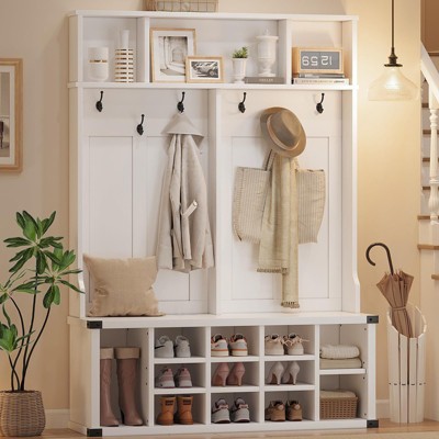 Coolmee 76 inch Hall Tree with Bench and Shoe Storage, Farmhouse 4-in-1 Entryway Bench with Coat Rack and 6 Hooks, Adjustable Shelf, Mudroom Bench