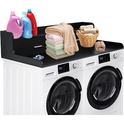 2-Tier Washer Dryer Countertop with 2 Drawers, Wood Laundry Shelf, 2.75" Edge Rails, Waterproof, Laundry Room Storage Organizer