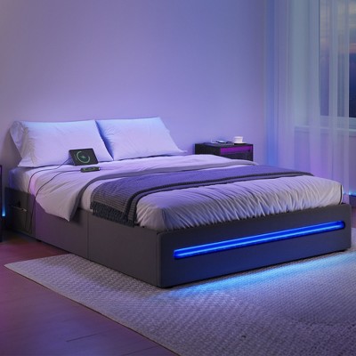 VASAGLE LED Bed Frame Full/Queen Size with 4 Drawers and Charging Station, Full/Queen Bed Frame with 1 USB Port and 1 Type C Port, Dark Gray