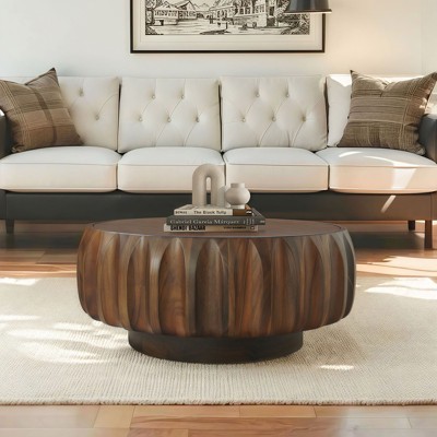 Round Solid Wood Carved Coffee Table with Ash Veneer Top-- Frevyn
