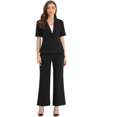 Allegra K Women's 2-Piece Elegant Short Sleeve Blazer and Wide Leg Pants Business Suit Set