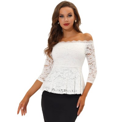 Allegra K Women's Elegant Lace Floral Semi Sheer 3/4 Sleeve Off Shoulder Peplum Top