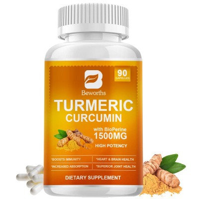 B Beworth Turmeric Curcumin Supplement with Black Pepper and Ginger, 1500 mg per Serving, 90 Capsules