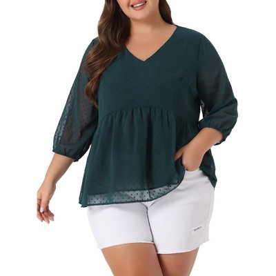 Agnes Orinda Women's Plus Size Chiffon Babydoll Long Sleeve V Neck Swiss Dots Blouses