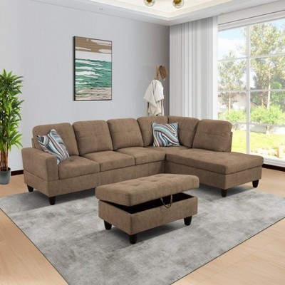 Discover Ultimate Comfort with Our Brown Fabric L-Shaped Sectional Sofa �C Complete with Chaise Lounge and Storage Ottoman