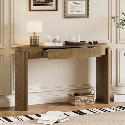 Merax Modern Oval-Top Console Table with Fluted Curved Legs & Dual Hidden Drawers
