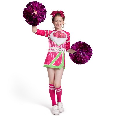 Joyfy Girls Long Sleeve Cheerleader Costume Set | Pink Sparkly Dress with Pom Poms, Hair Bow & Stockings, Complete Halloween Outfit