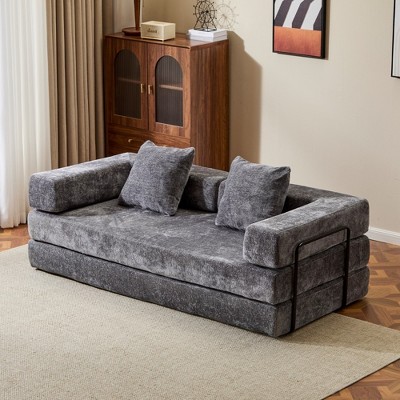 Chenille Floor Sofa Bed with Pillow and Armrests, Convertible Futon Couch for Small Spaces, Foldable Sofa Sleeper for Living Room or Bedroom-Koiai