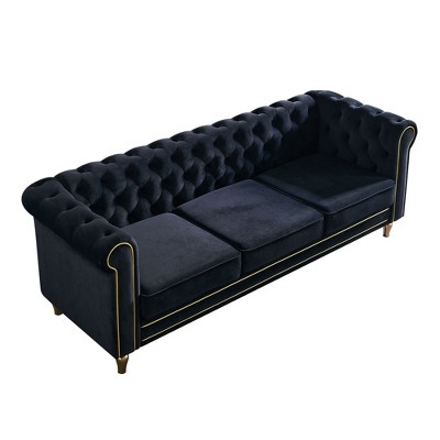 84.65" Chesterfield Velvet Sofa, Gold Trim Tufted Couch with High-Density Foam, 750lb Capacity Solid Pine Frame