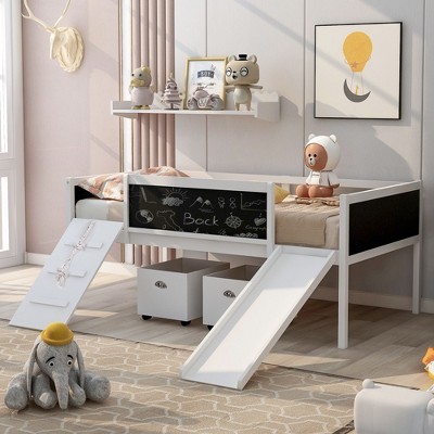 NicBex Twin Size Bunk Bed Loft Bed Pine Frame Bed Frame with 2 Storage Boxes, 3 Blackboard, Guardrails, Slide and Climbing Frame