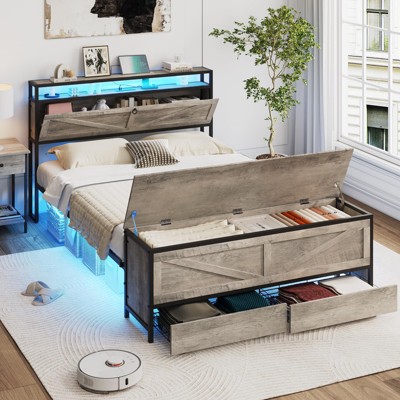 Platform Bed Frame with Headboard, Storage Ottoman and 2 Drawers, Grey