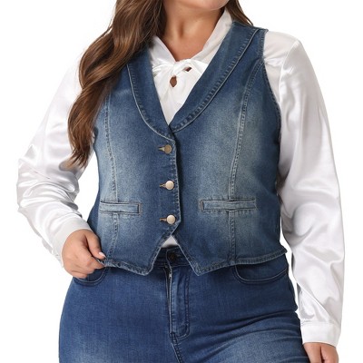 Agnes Orinda Women's Plus Size Denim Sleeveless V Neck Button Down Waistcoat Jean Vest