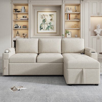 84"W Upholstered L-shaped Sofa Couch Convertible Sofa Bed Sectional Sofa with 2 Cup Holders, 2 USB Ports and Storage Space, Beige/Black/Gray-ModernLux