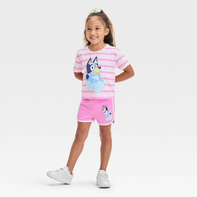 Toddler Girls' 2pc Bluey Striped T-Shirt & Retro Knit Shorts Set - Pink